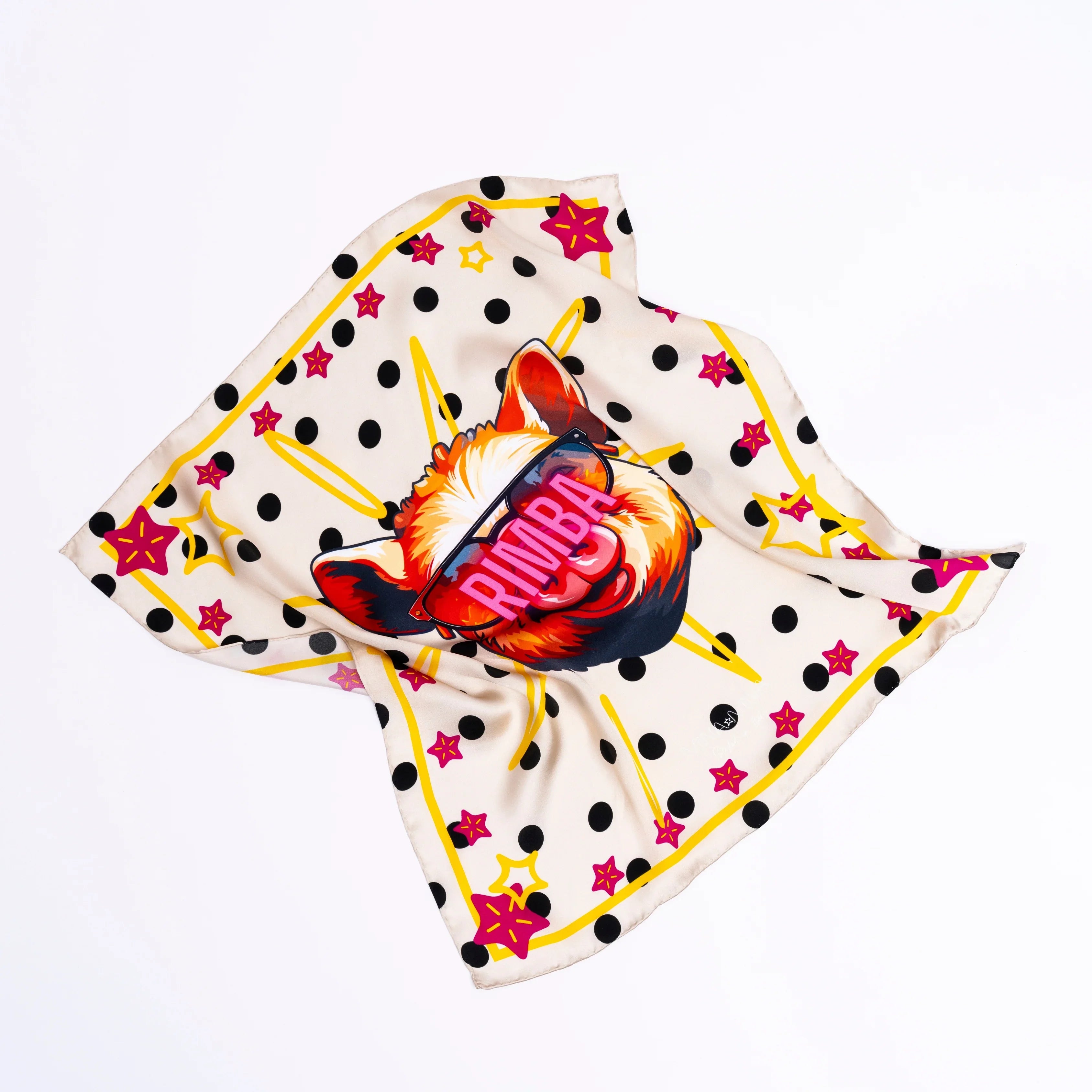Silk scarf with colorful dog graphic wearing sunglasses, polka dots, and star pattern