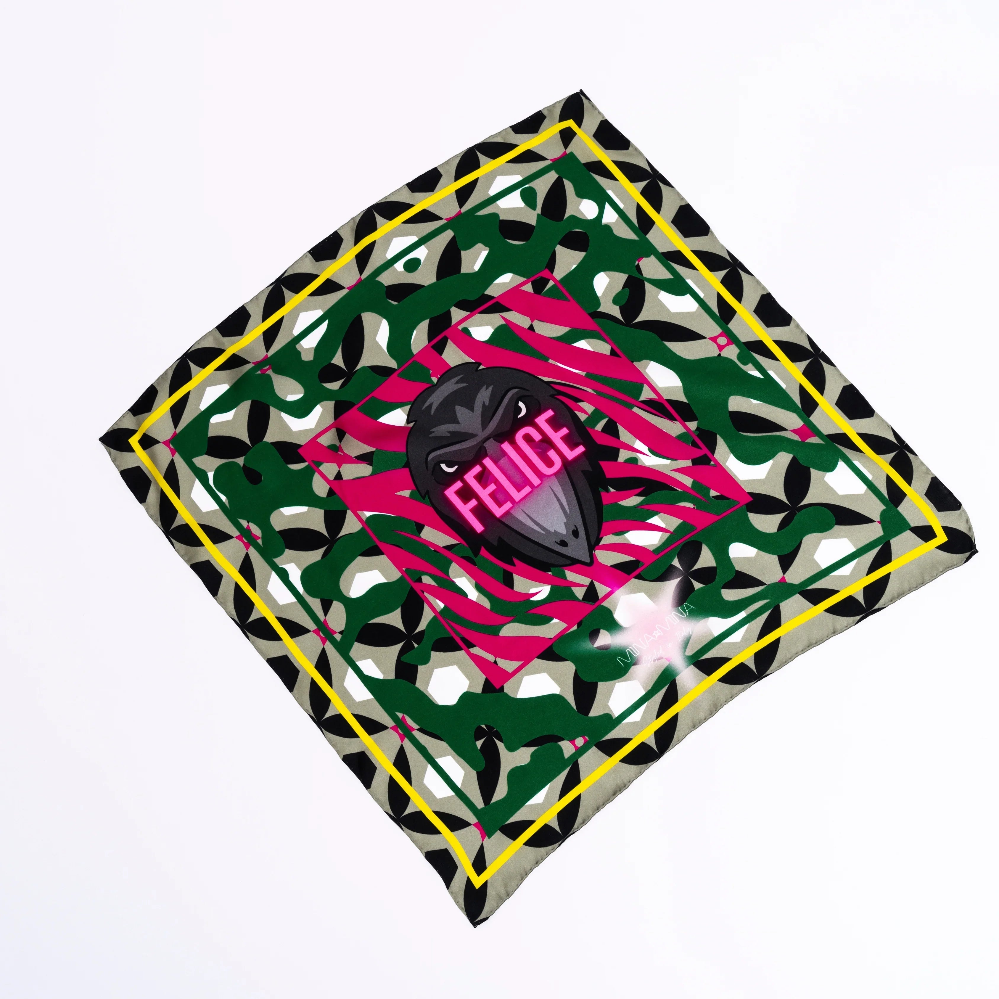 Square silk scarf with colorful geometric and animal print pattern featuring a black bird head and FELICE text