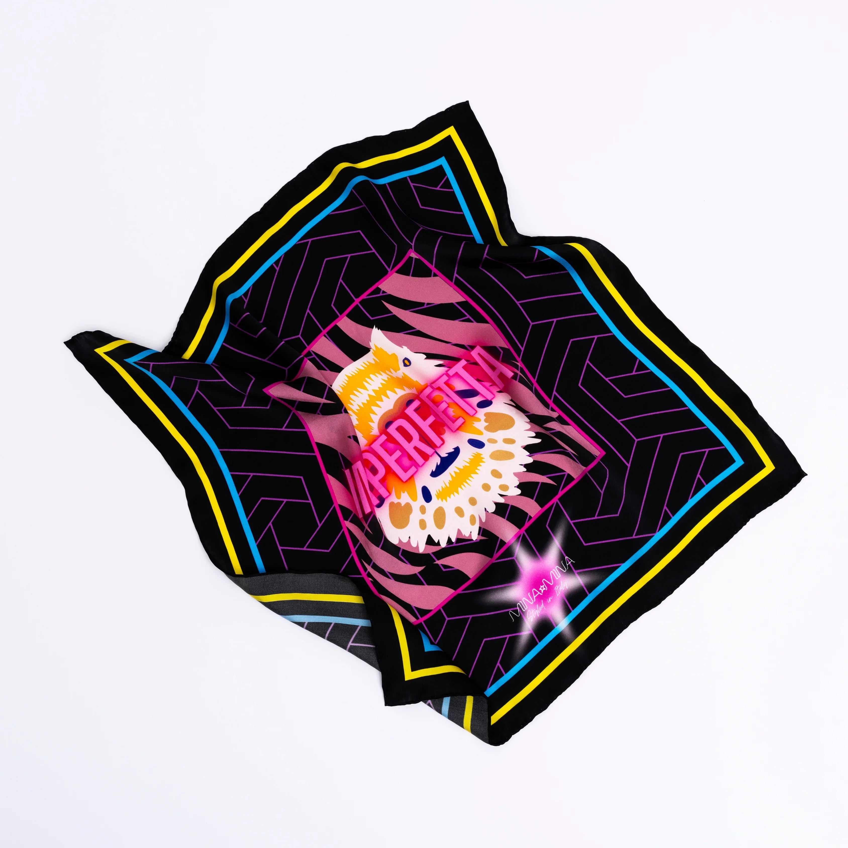 Silk scarf with geometric patterns, yellow and blue borders, and bold pink 'IMPERFECTA' text