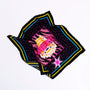 Silk scarf with geometric patterns, yellow and blue borders, and bold pink 'IMPERFECTA' text