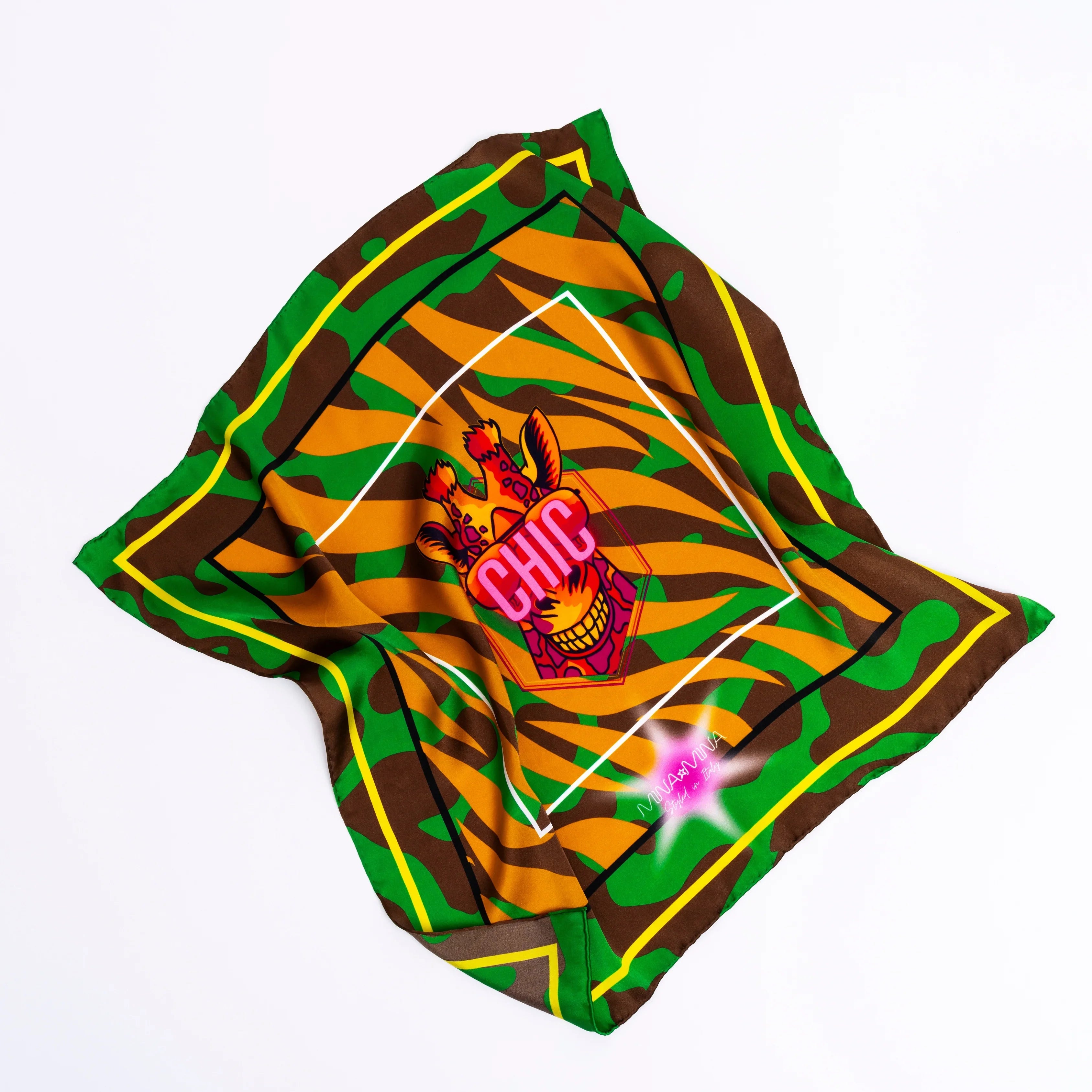 Colorful silk scarf with green, brown, and orange tiger stripe pattern and pink CHIC logo