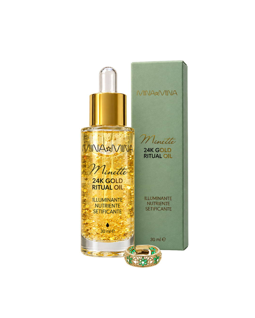 SET REGALO DONNA OLIO MINETTE CON SCAGLIE D'ORO E ANELLO FILIGRANA ARGENTO 925