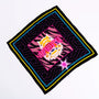 Black scarf with colorful geometric border and central owl illustration, pink text 'IMPERFECTA'