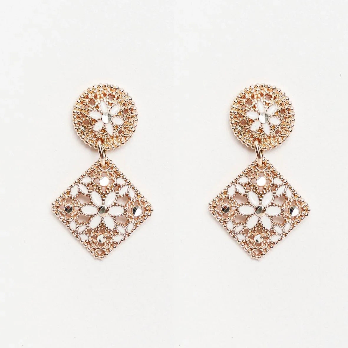 Elegant gold filigree earrings with round and diamond shapes featuring floral patterns