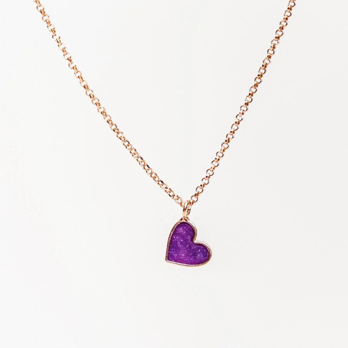 Rose gold chain necklace with purple heart-shaped pendant jewelry