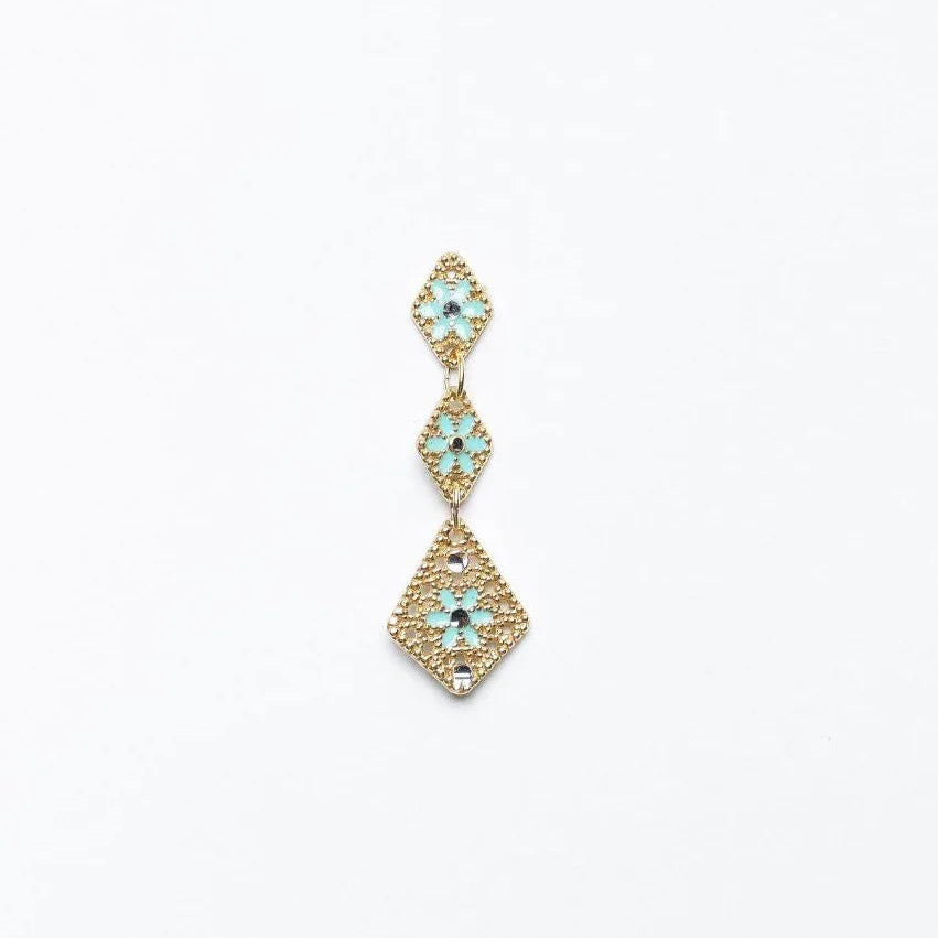 Gold-tone dangle earring with three linked diamond shapes featuring light blue floral patterns