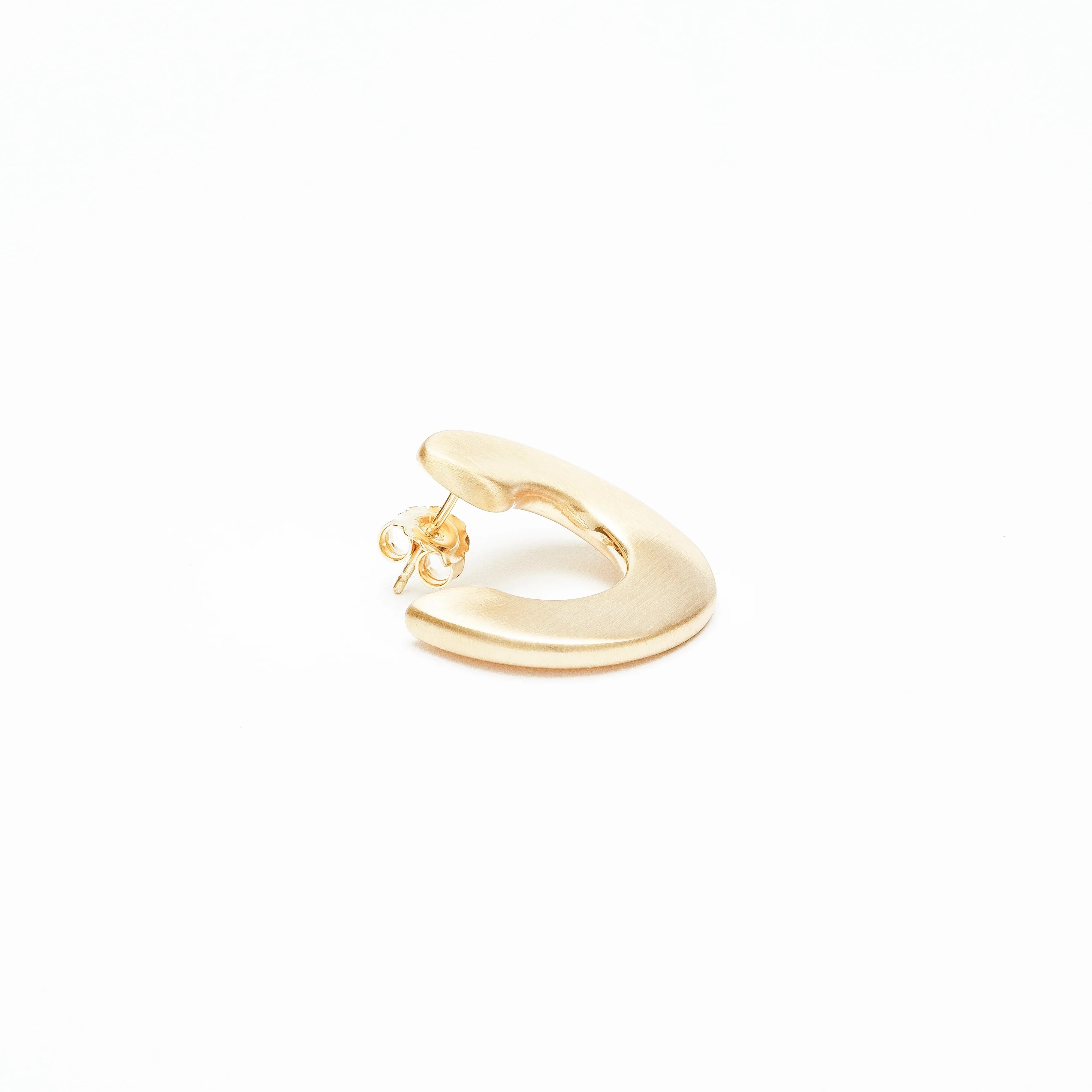 Single satin-finish gold hoop earring with post and butterfly back on white background