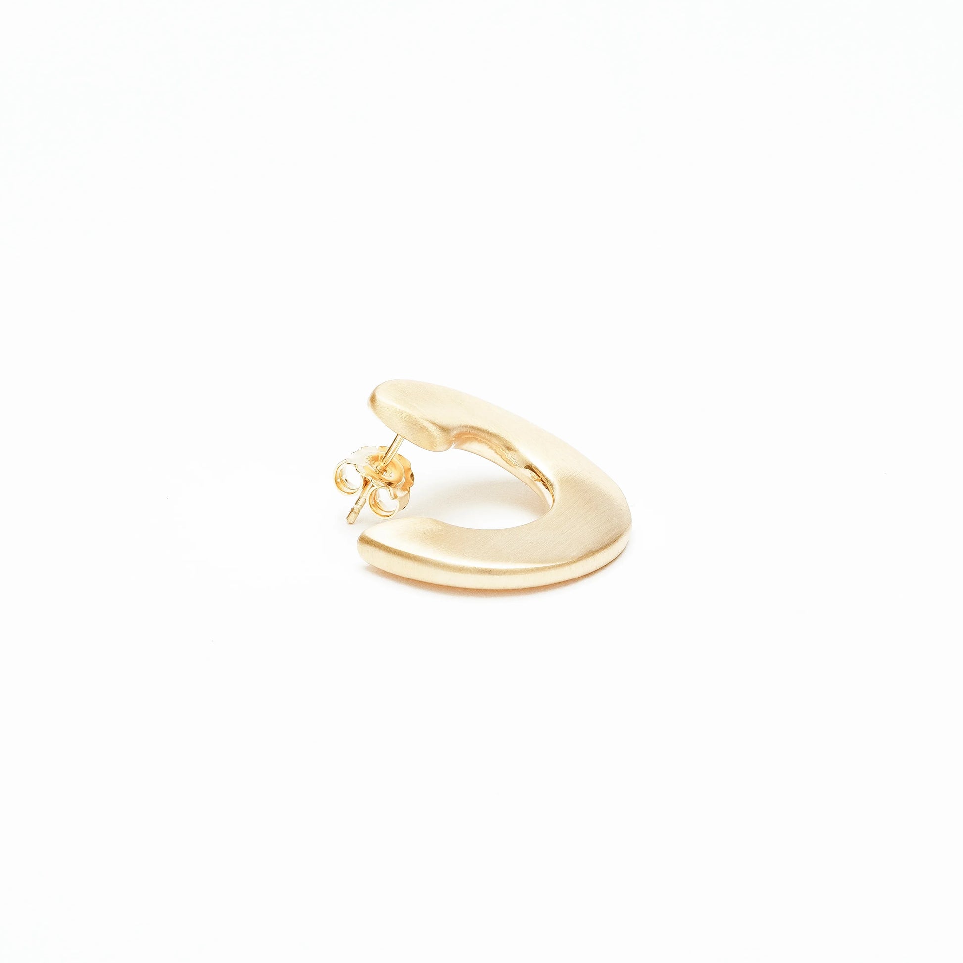 Single satin-finish gold hoop earring with post and butterfly back on white background