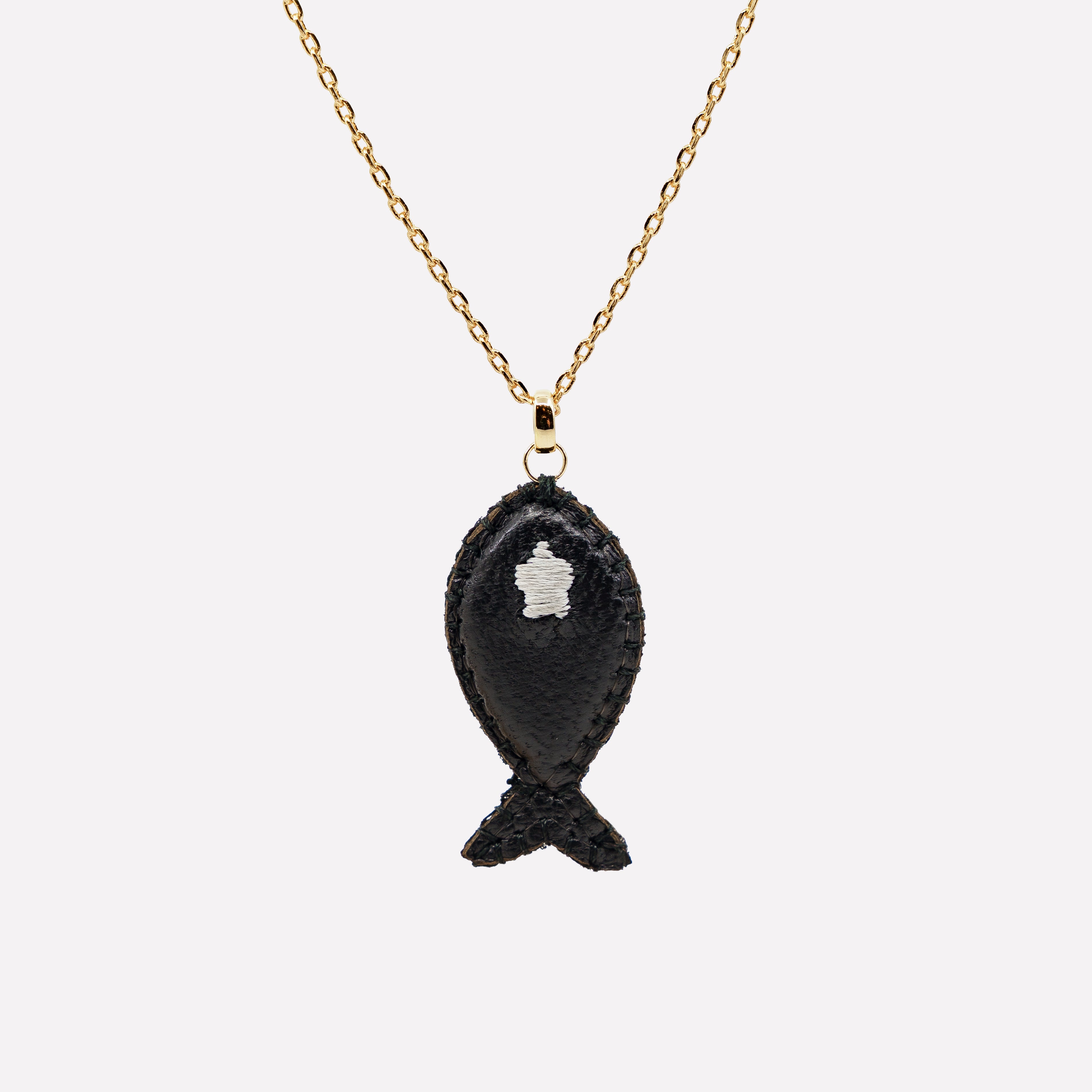 COLLANA DONNA CIONDOLO PESCE PELLE NERA RICAMATA