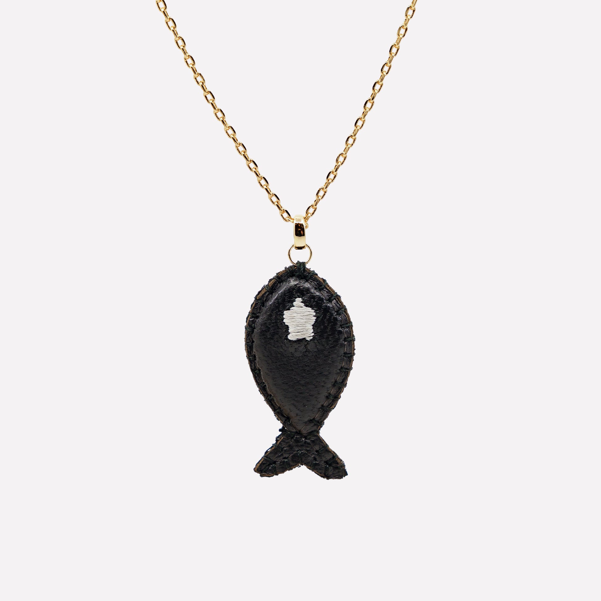 COLLANA DONNA CIONDOLO PESCE PELLE NERA RICAMATA