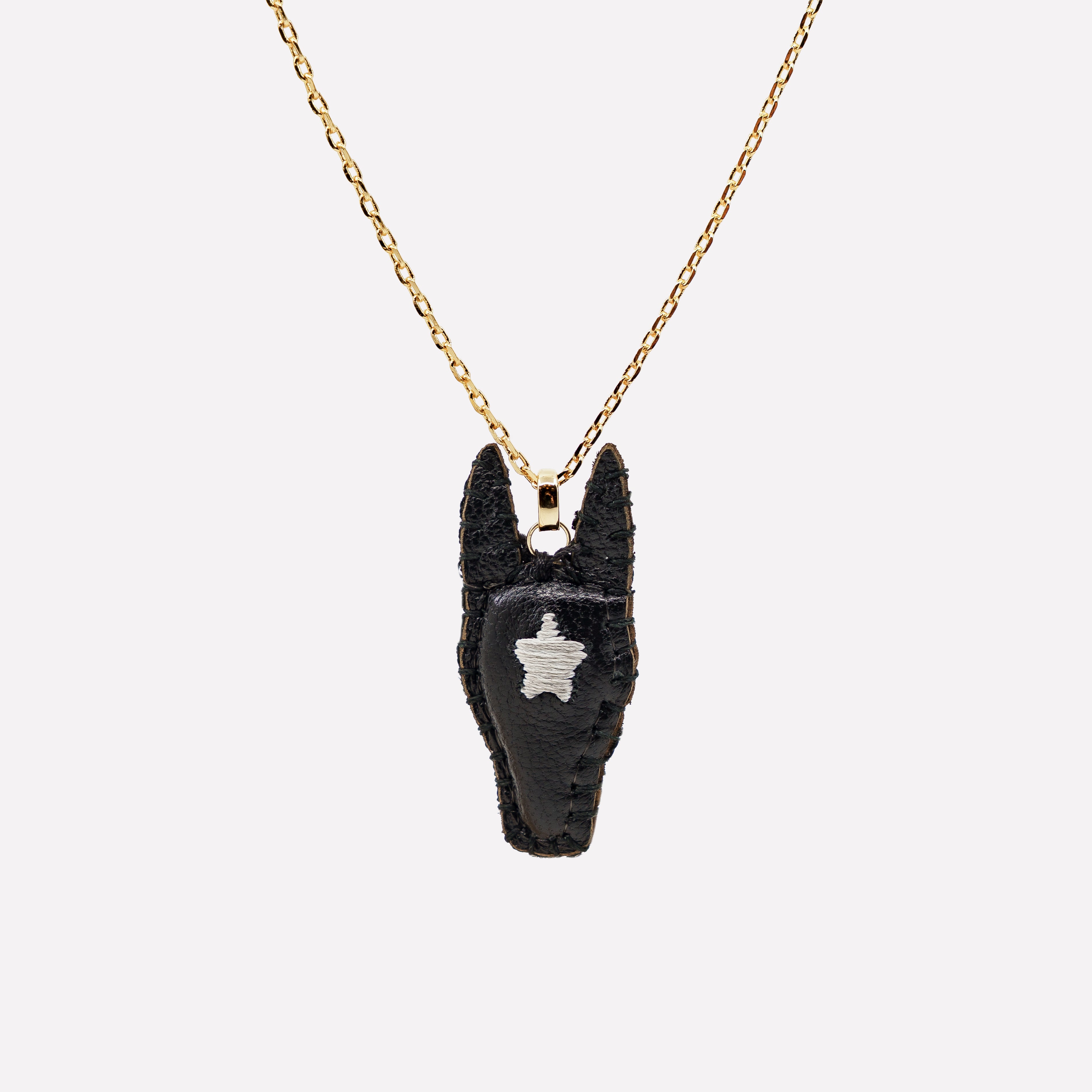 COLLANA DONNA CIONDOLO LUPO PELLE NERA RICAMATO