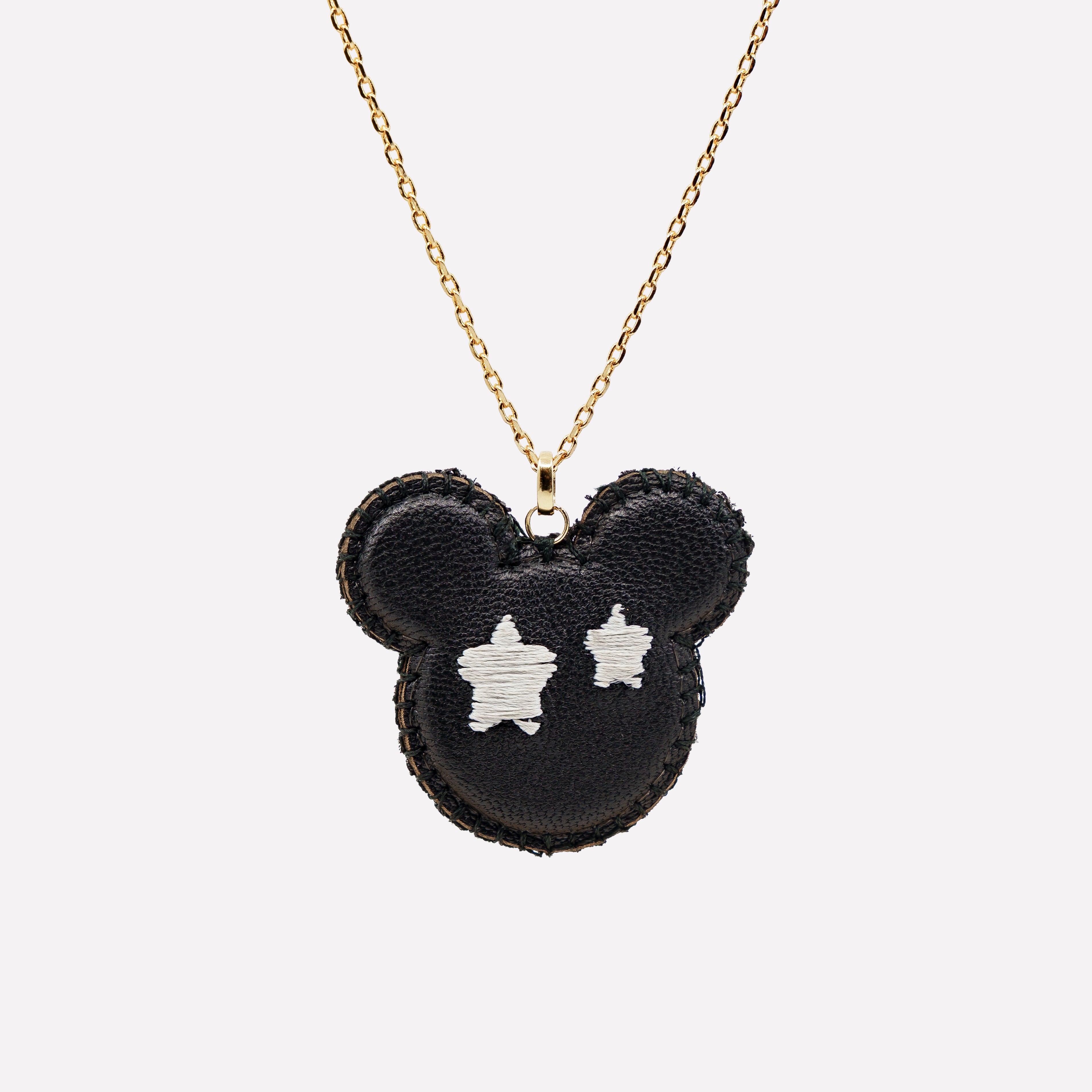 COLLANA DONNA CIONDOLO TOPOLINO PELLE NERA RICAMATO