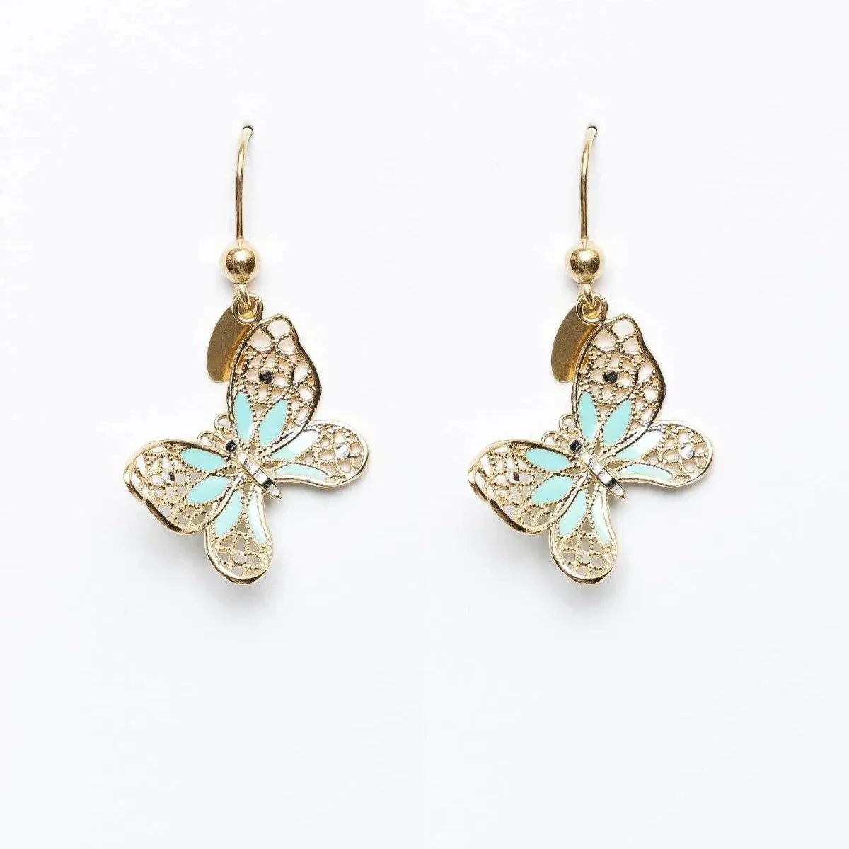 Gold butterfly drop earrings with delicate filigree and light blue enamel accents