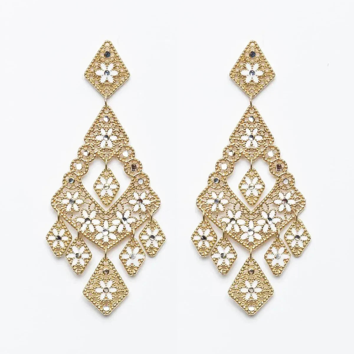 Pair of large gold filigree chandelier earrings with floral and diamond-shaped designs